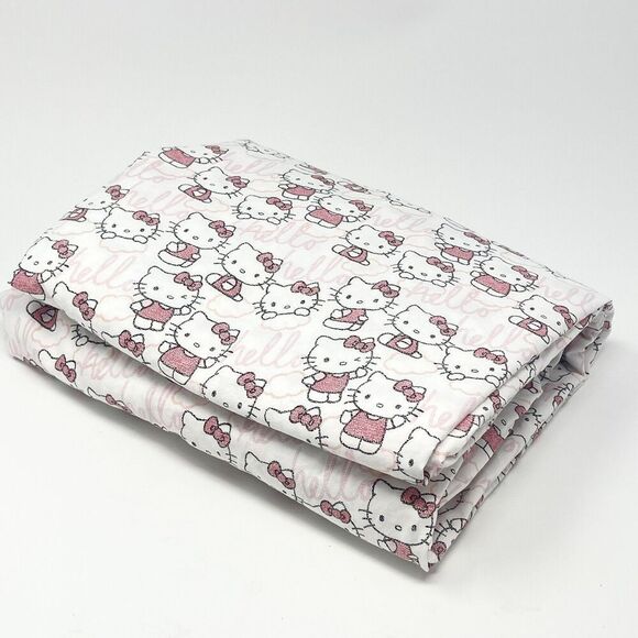 Pottery Barn Teen Queen Flat Sheet Hello Kitty 100% Cotton Pink White - Picture 1 of 4